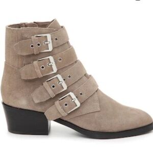 DOLCE VITA TAE Taupe Suede Buckle Moto Ankle Boots Booties Size 9 Side Zip EUC